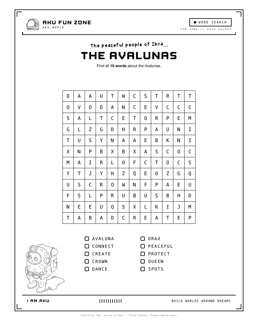 The Avalunas, word search printable sheet