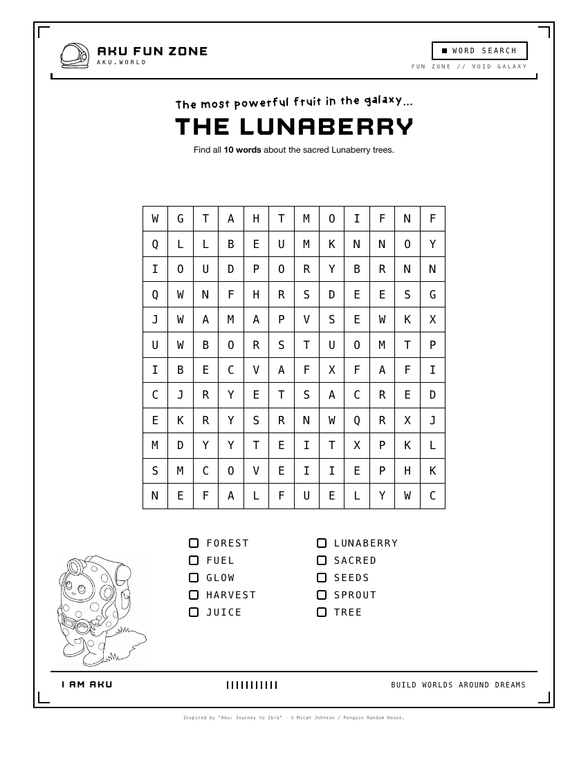 The Lunaberry Tree, word search printable sheet