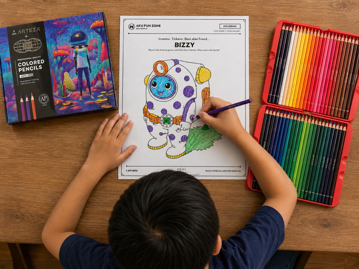 A kid coloring the Bizzy printable sheet from Aku's Activities HQ with bright markers